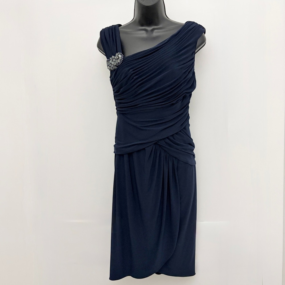 Adrianna Papell Evening Dress Ruched One Shoulder Beaded 6P Navy Blue